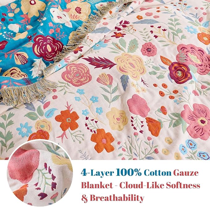 MSGKV Boho Throw Blanket for Couch 100% Cotton Floral Blanket 50"x60" Sofa Bed Chair Blanket All Seasons Lightweight Farmhouse Muslin Breathable Blankets Home Decor