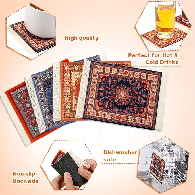 4 Pieces Rug Table Coasters Table Drink Holders Oriental Design Fabric Carpet Drink Mats Oriental Design Fabric Elegant Carpets Kitchen and Bar Mats for Home Office(Square,Retro Pattern)