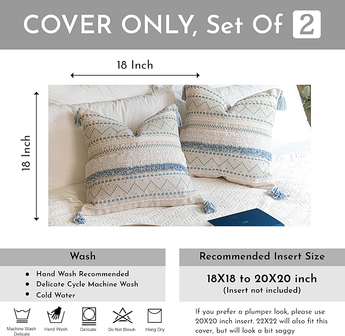 BlissBlush Blue Coastal Decorative Throw Pillow Cover 18X18 Combo Set of 2 Square Boho Accent Pillowcase Tassels Farmhouse Cushion for Couch Sofa Bedroom Living Room Home Décor Cover ONLY