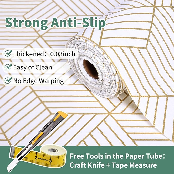 Shelf Liners for Kitchen Cabinets 17.3in x 49.21FT, Non Adhesive Cabinet Liner Strong Non-Slip Thickened Gold Geometric Drawer Liner, Easy to Clean for Shelf, Cabinet with Knife and Tape Measure