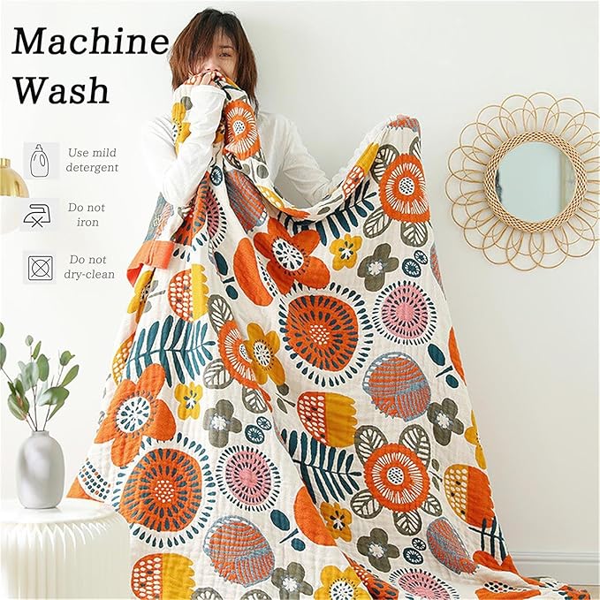 Boho Throw Blanket 60''x80'' for Bed Couch, Floral Muslin Bed Blankets Boho Quilt Travel Mexican 100% Cotton Super Soft Fall Blanket Picnic Blankets