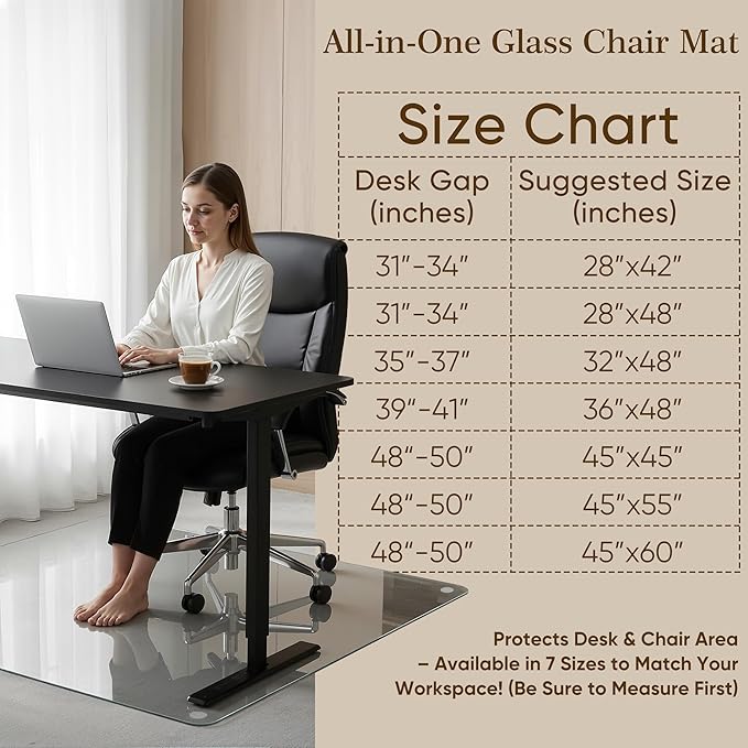 45"x55" Tempered Glass Office Chair Mat for Carpet & Hardwood Floor, 1/5" Thick Clear Floor Protector Desk Chair Mat with Rounded and Polished Edges