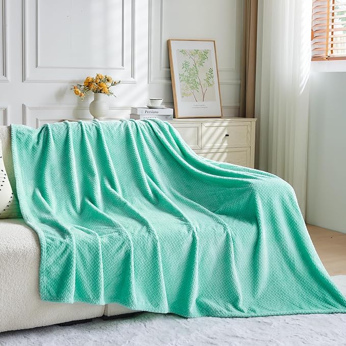 NEWCOSPLAY Super Soft Queen Blanket Aqua Premium Silky Flannel Fleece Leaves Pattern Lightweight Bed Blanket All Season Use (Aqua, Queen(90"x90"))