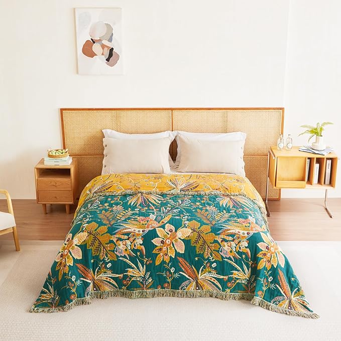 MSGKV Boho Throw Blanket for Couch 100% Cotton Embroidery Blanket 50"x60" Sofa Bed Chair Muslin Breathable All Seasons Lightweight Farmhouse Blankets Home Decor