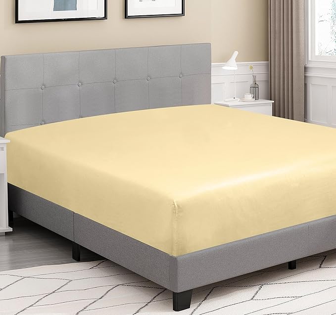 ROYALE LINENS 300 Thread Count 100% Long Staple Combed Cotton Fitted Sheet Queen - Super Soft Deep Pocket Bottom Sheet - Fitted Sheets Only - Elastic Sheets (Queen, Light Yellow)