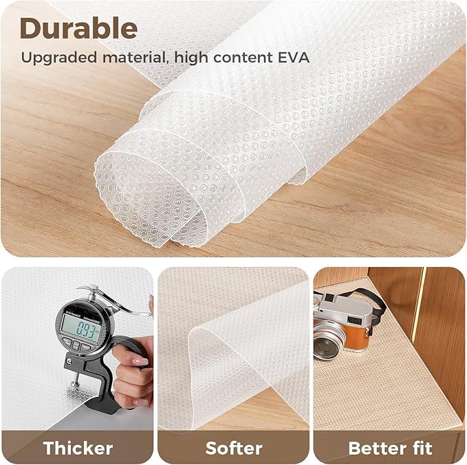 100% EVA Shelf Liner for Kitchen Cabinet, 18" x 120" Drawer Liners Non Adhesive Non Slip Waterproof Plastic Paper, Dresser Pantry Bathroom Refrigerator Protector, Clear