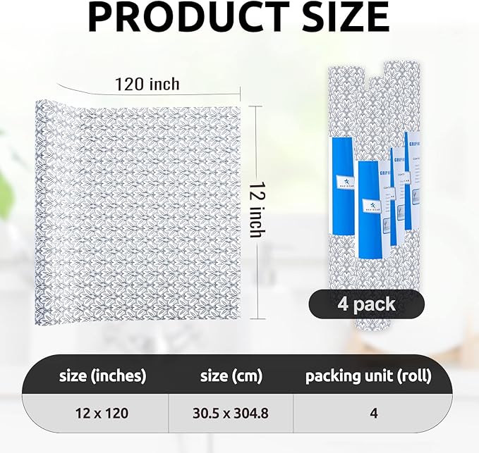 RAY STAR 12X120 Inch Shelf Liner for Kitchen Cabinets, Non-Adhesive Cabinet Liner Washable, PVC Drawer Liner for Dresser Non-Slip Bathroom (Black Floral)(4 Roll)