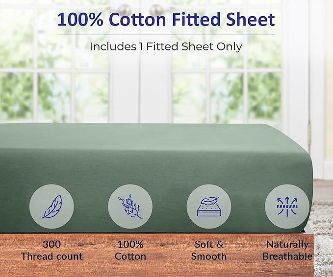 ROYALE LINENS 300 Thread Count 100% Long Staple Combed Cotton Fitted Sheet King - Super Soft Deep Pocket Bottom Sheet - Fitted Sheets Only - Elastic Sheets (King, Sage Green)