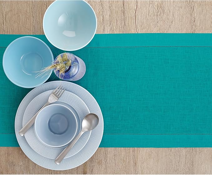 Solino Home Linen Teal Table Runner 156 Inches Long - 100% Pure Linen Extra Long Table Runner 14 x 156 Inch - Classic Hemstitch