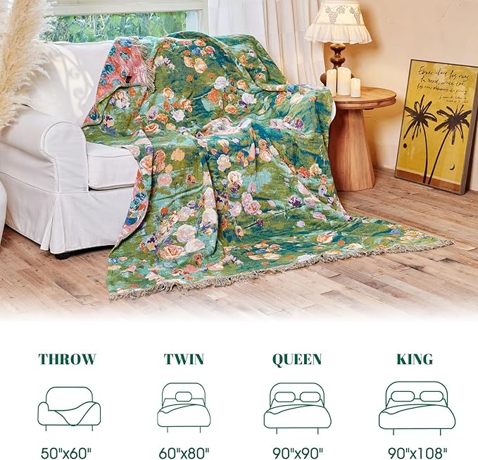 MSGKV Boho Throw Blanket for Couch Cotton Floral Blanket 50"x60" for Sofa Chair Throws Muslin Breathable Lightweight Farmhouse Blankets Home Decor All Seasons