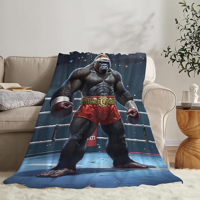 Gorilla Boxing Throw Blanket - Funny Boxing Gifts and Decor - Soft, Warm, Cozy Fleece Blanket for Men, Women, Boys, Girls - 50"x40"