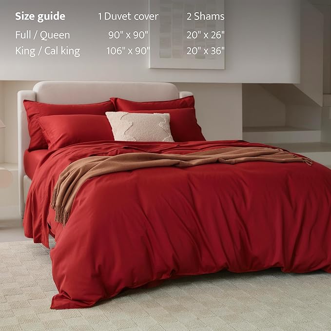 Double Stitch Cotton Tencel Duvet Cover - Queen Size Comforter Cover, Luxury & Soft Eucalyptus Lyocell Bedding Set for Hot Sleepers, Cooling, Smooth & Breathable, Button Closure, Red, 90"x90"