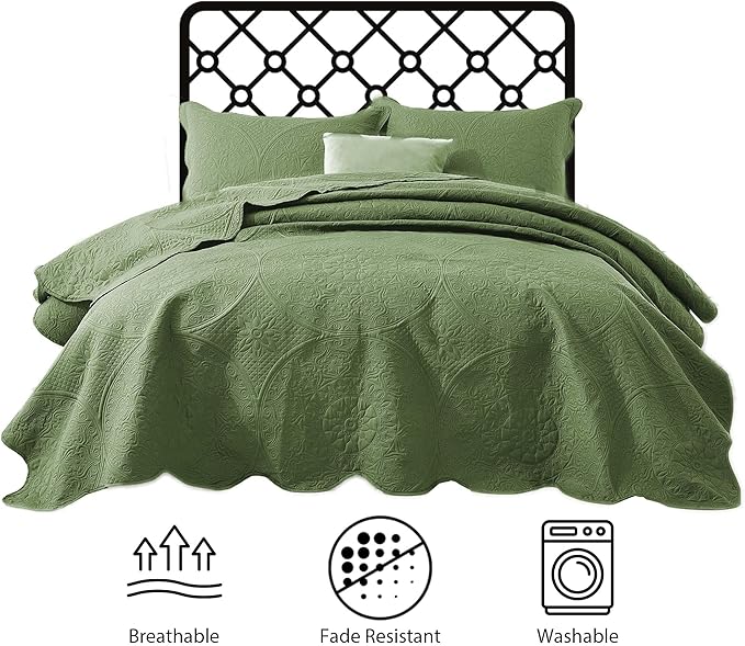 IR Imperial Rooms Twin Quilt Bedding Set Size (68” x 86”) + 1 Pillow Shams (20” x 26” + 2”) - 2 Pcs All Season Lightweight Reversible Microfiber Coverlet Floral Embossed Quilt Bedspread (Olive Green)
