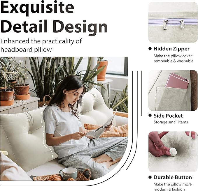 Bed Wedge Headboard Pillow - College Dorm Reading Pillow Back Support While Sitting in Bed - Ergonomic Lumbar Pillow Body Positioning Bed Pillow - Velvet Beige 76IN