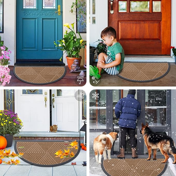 Smiry Half Circle Front Door Mat Outside Entrance, Heavy Duty Sturdy Natural Rubber Doormat, Trap Dirt and Moisture, Low Profile Mats for Indoor Outdoor Entry, Irregular Triangle (29.5x17, Coffee)