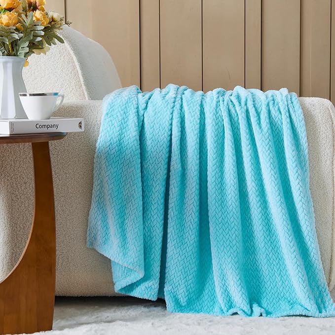 NEWCOSPLAY Super Soft Queen Blanket Turquoise Premium Silky Flannel Fleece Leaves Pattern Lightweight Bed Blanket All Season Use (Turquoise, Queen(90"x90"))