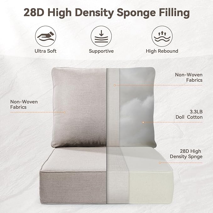 Luxury 6" Outdoor Cushions for Patio Furniture, 24x24x6" Thick Seat Cushion Set of 10, Fade Resistant Couch Chair Replacement Cushions High Density Deep Wicker Chair Cushion w/ Removable Cover, Beige