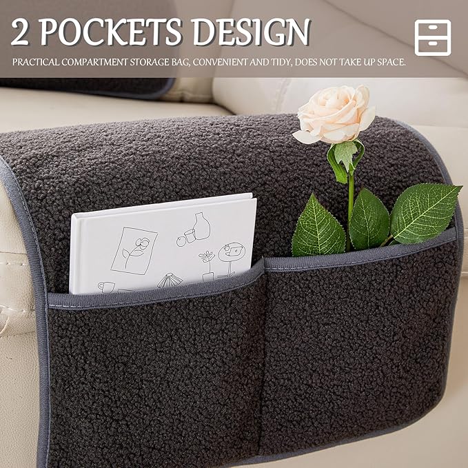 Armrest Cover, Recliner Chair Protector, Furniture Protector Slip, Side Storage Pocket, Stretch Armchair Couch Arm Rest Cover for Recliner, Chair, Sofa (Dark Gray,3 Seater(5pcs))