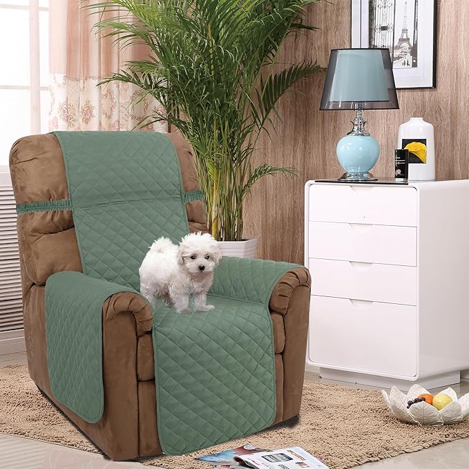 U-NICE HOME Recliner Chair Covers Reversible Chair Cover Pet Covers for Dogs with Elastic Straps Water Resistant Diamond Quilted (28''Recliner Oversized, Greyish Green/Taupe)