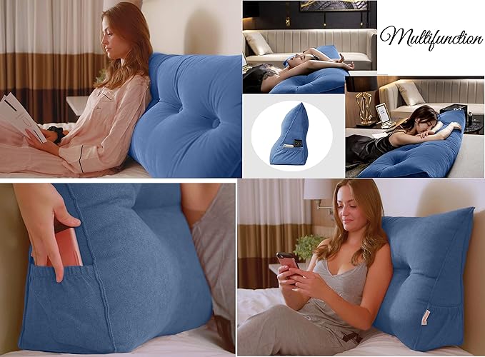 Triangular Reading Bed Rest Pillow Large Bolster Cushion Headboard Backrest Wedge Pillow with Removable Cover and Two Large Side Pockets (Pink, Twin: 39 x 8 x 20 inches)