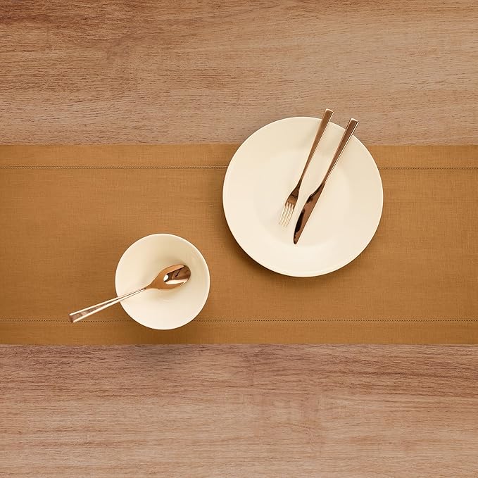 Solino Home Linen Brown Sugar Table Runner 90 Inches Long - 100% Pure Linen 14 x 90 Inch Table Runner - Classic Hemstitch