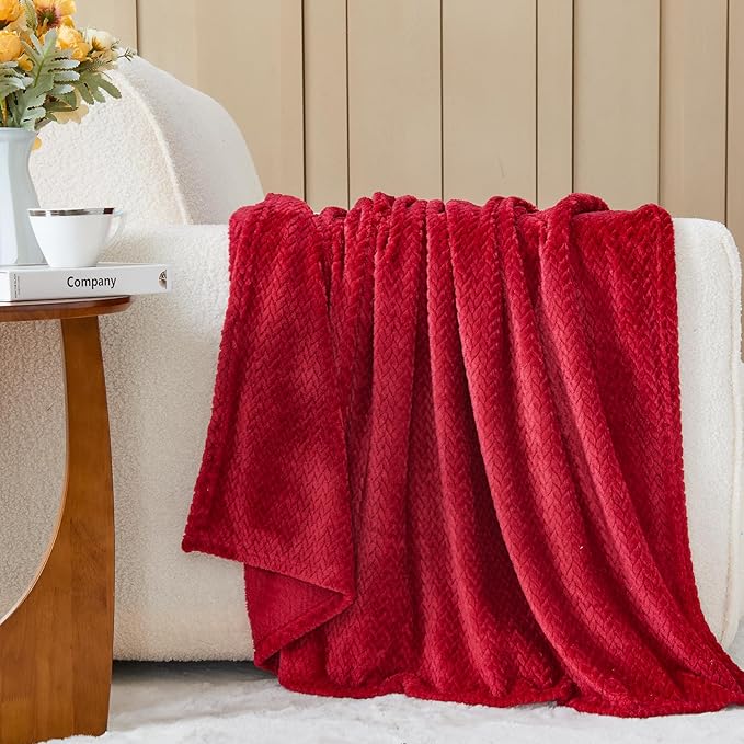 NEWCOSPLAY Super Soft King Blanket Red Premium Silky Flannel Fleece Leaves Pattern Lightweight Bed Blanket All Season Use (Red, King(90"x110"))