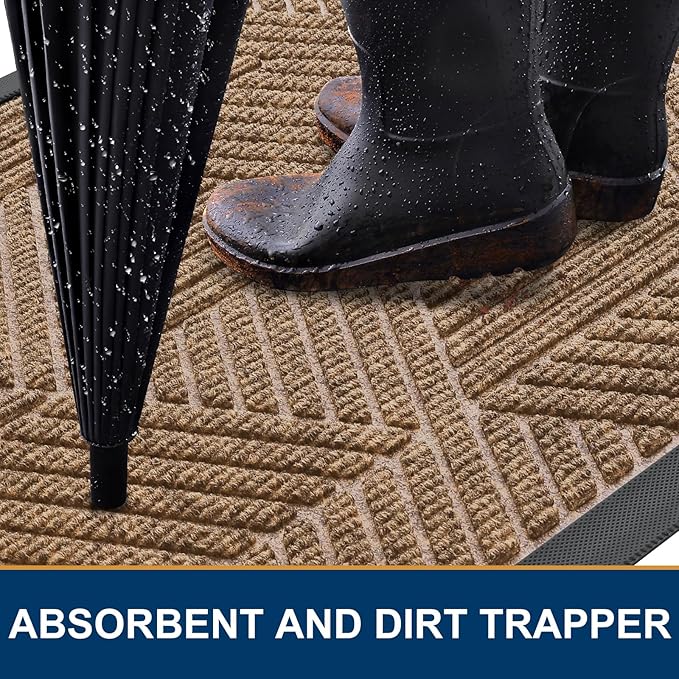 Smiry Front Door Mat Outside Entrance, Heavy Duty Sturdy Natural Rubber Doormat, Trap Dirt and Moisture, Easy Clean Low Profile Mats for Indoor Outdoor Entry, Irregular Triangle (29.5x17, Light Brown)