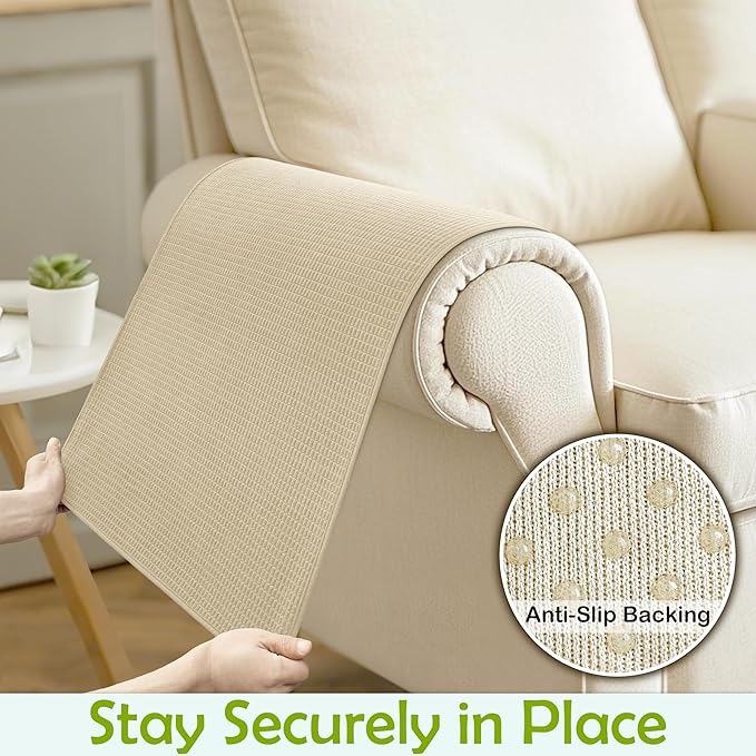 Couch Arm Covers, Waterproof Armrest Cover for Sofa, Armchair, Loveseat, Non-Slip Recliner Arm Covers, Sofa Headrest Covers, Arm Chair Covers Set of 2 (Sand, 26"×26")