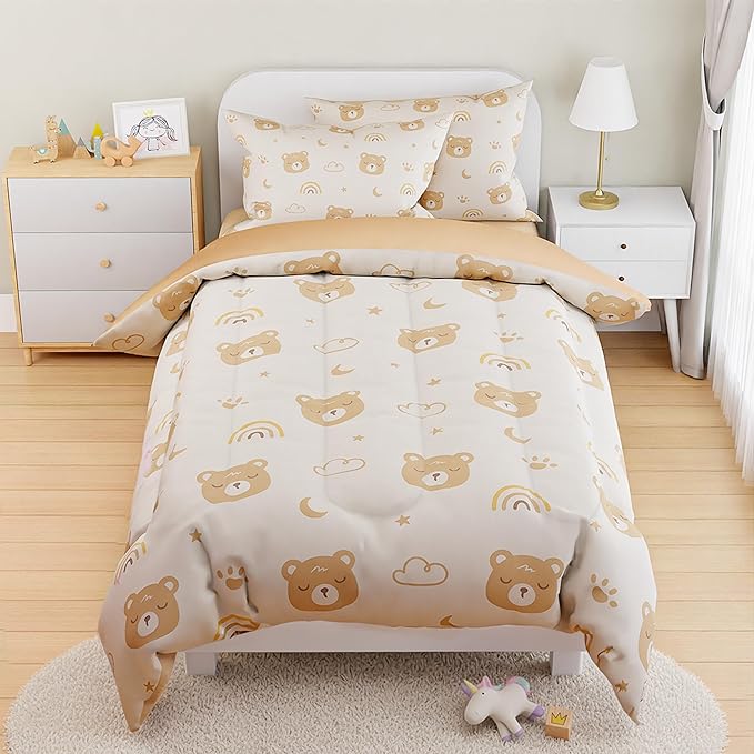 SANDJEST Bear Comforter Set Twin Size 68x86in for Kids Boys Girls Unisex, Microfiber 3 Pcs Bedding Set Includes 1 Comforter, 1 Pillowcase, 1 Fitted Sheet, Nursery Room Decor