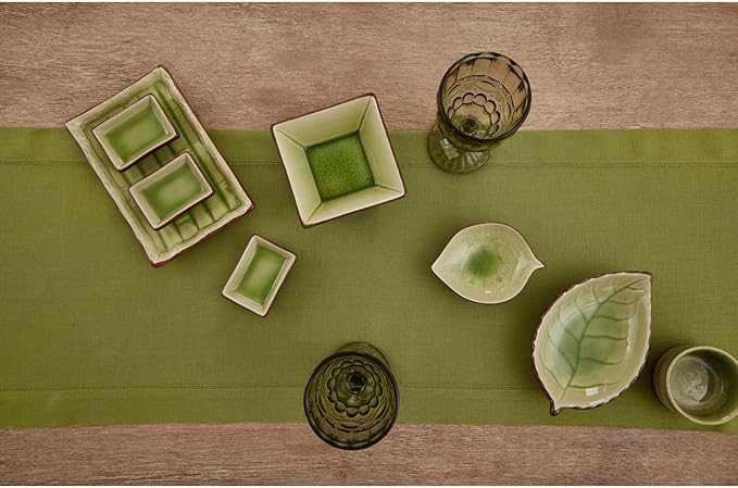 Solino Home Linen Hemstitch Table Runner 108 Inches Long - 100% Pure Linen Avocado Green Table Runner 14 x 108 Inch - Classic Hemstitch