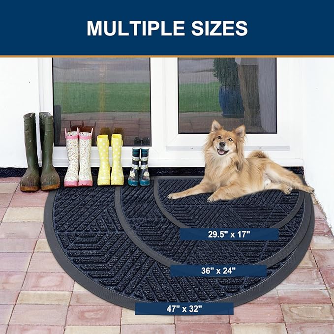 Smiry Half Circle Front Door Mat Outside Entrance, Heavy Duty Sturdy Natural Rubber Doormat, Trap Dirt and Moisture, Low Profile Mats for Indoor Outdoor Entry, Irregular Triangle (36x24, Navy Blue)