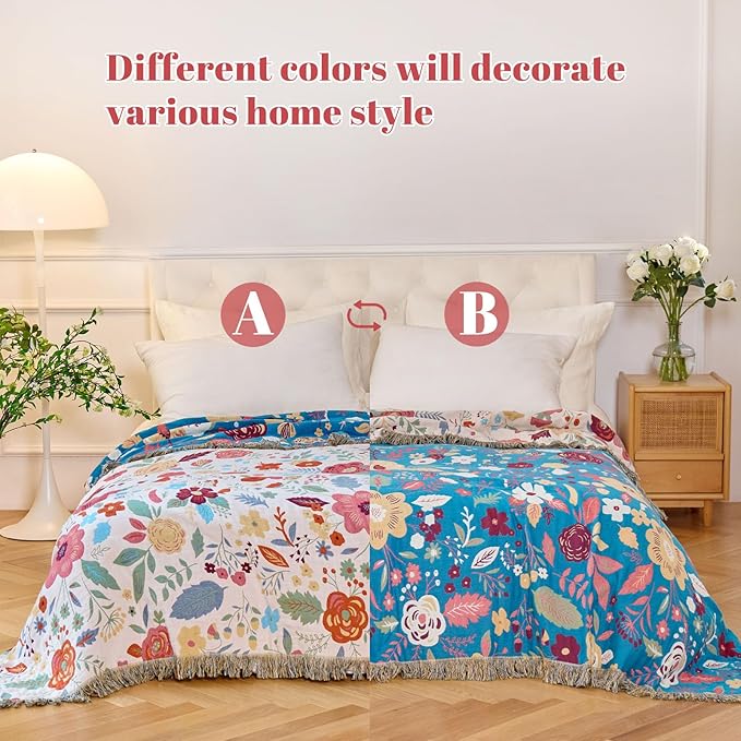 MSGKV Boho Throw Blanket for Couch 100% Cotton Floral Blanket 50"x60" Sofa Bed Chair Blanket All Seasons Lightweight Farmhouse Muslin Breathable Blankets Home Decor