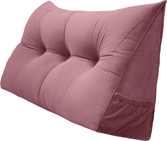 Triangular Reading Bed Rest Pillow Large Bolster Cushion Headboard Backrest Wedge Pillow with Removable Cover and Two Large Side Pockets (Pink, 47 x 8 x 20 inches)
