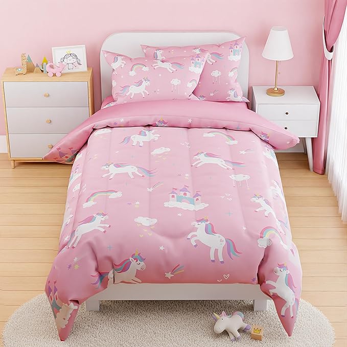 SANDJEST Unicorn Comforter Set Twin Size 68x86in for Kids Girls, Microfiber 3 Pcs Bedding Set Includes 1 Comforter, 1 Pillowcase, 1 Fitted Sheet, Nursery Room Decor