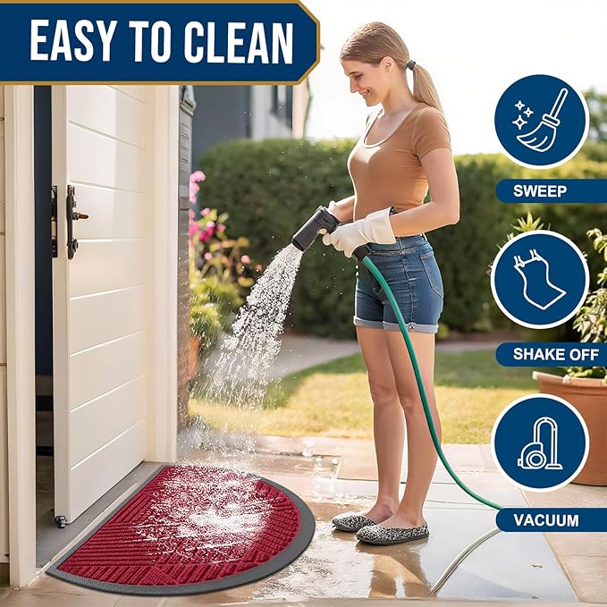 Smiry Half Circle Front Door Mat Outside Entrance, Heavy Duty Sturdy Natural Rubber Doormat, Trap Dirt and Moisture, Low Profile Mats for Indoor Outdoor Entry, Irregular Triangle (47x32, Wine Red)
