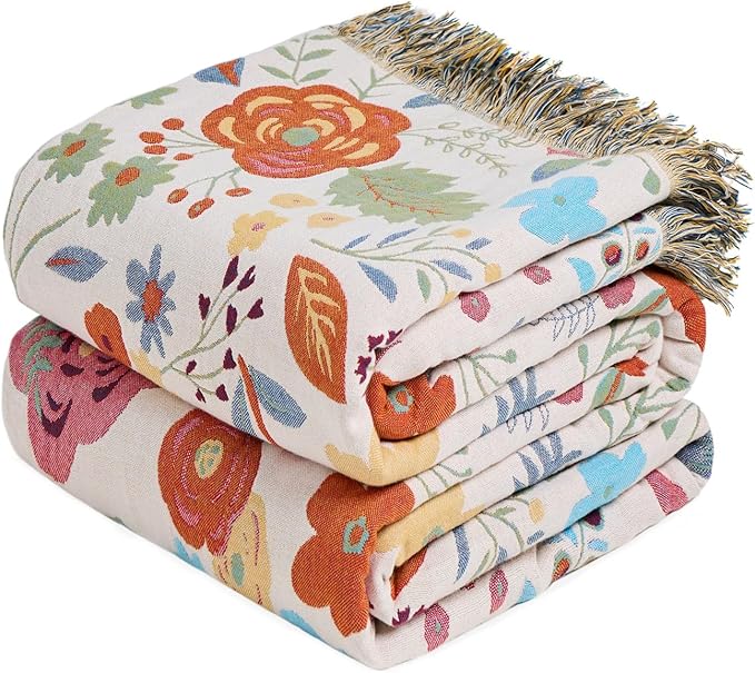 MSGKV Boho Throw Blanket for Couch 100% Cotton Floral Blanket 50"x60" Sofa Bed Chair Blanket All Seasons Lightweight Farmhouse Muslin Breathable Blankets Home Decor