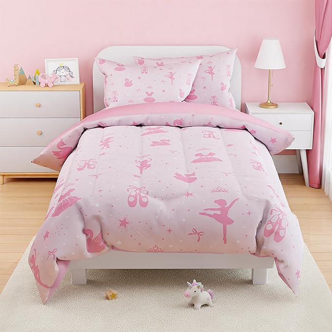 SANDJEST Ballerina Comforter Set Full Size 98x86in for Kids Girls, Microfiber 4 Pcs Bedding Set Includes 1 Comforter, 2 Pillowcases, 1 Fitted Sheet, Nursery Room Decor