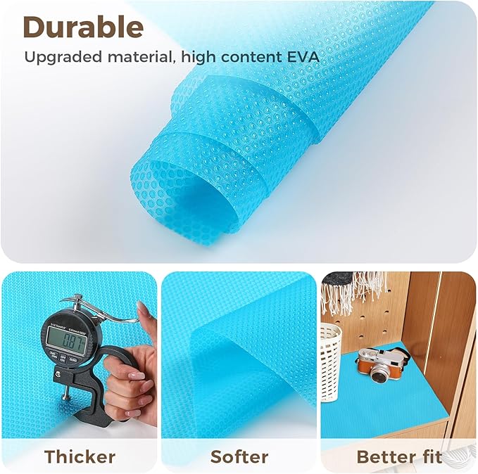 100% EVA Shelf Liner for Kitchen Cabinet, 12" x 240" Drawer Liners Non Adhesive Non Slip Waterproof Plastic Paper, Dresser Pantry Bathroom Refrigerator Protector, Blue