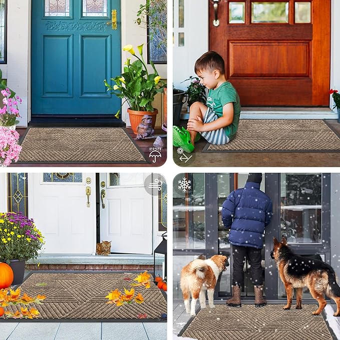 Smiry Front Door Mat Outside Entrance, Heavy Duty Sturdy Natural Rubber Doormat, Trap Dirt and Moisture, Easy Clean Low Profile Mats for Indoor Outdoor Entry, Irregular Triangle (36x24, Taupe)