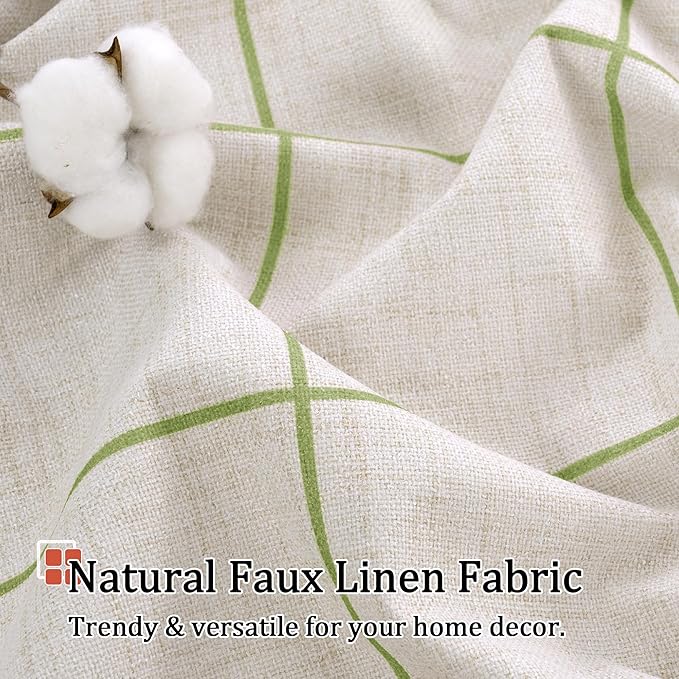 Sage Green Plaid Curtains Pattern Printed 90 Inches Long - Total Linen Blackout Curtains for Living Room, Boho Grommet Drapes for Farmhouse Thermal Drapery 52x90 Inch 2 Panels