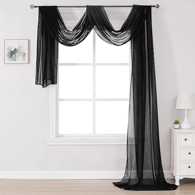 DONREN Jet Black Window Scarf Curtains for Outdoor Decoration - Add Luxury Beautiful Elegant Effect to Curtain Panels (1 Panel, 34 x 216 Inches Long)