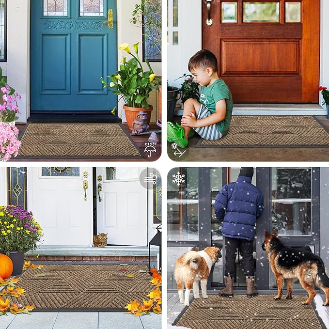 Smiry Front Door Mat Outside Entrance, Heavy Duty Sturdy Natural Rubber Doormat, Trap Dirt and Moisture, Easy Clean Low Profile Mats for Indoor Outdoor Entry, Irregular Triangle (36x24, Brown)