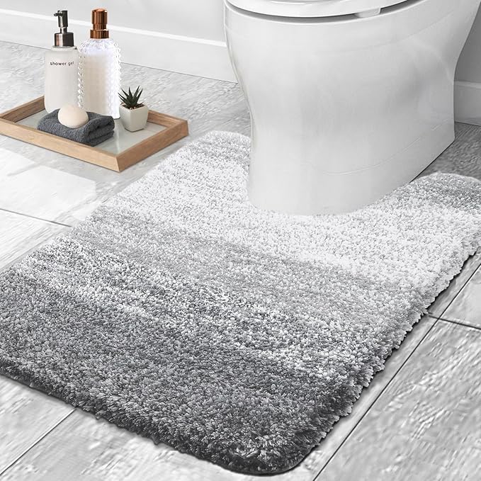 OLANLY Luxury Toilet Rugs U-Shaped 24x20, Extra Soft and Absorbent Microfiber Bathroom Rugs, Non-Slip Plush Shaggy Bath Mat, Machine Wash Dry, Contour Bathroom Mats for Toilet Base, Light Grey