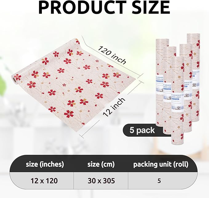 RAY STAR 12X120 Inch Shelf Liner for Kitchen Cabinets, Non-Adhesive Cabinet Liner Washable, PVC Drawer Liner for Dresser Non-Slip Bathroom (Red Floral)(5 Roll)