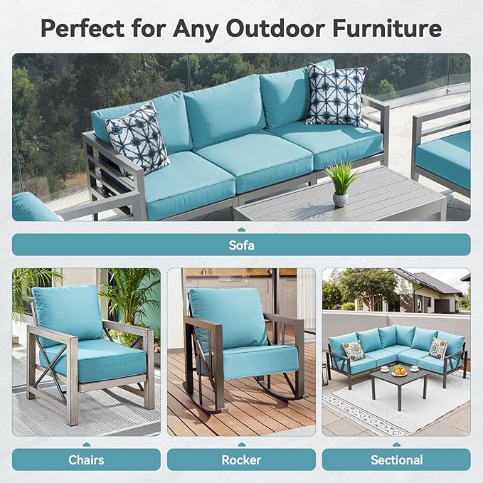 Luxury 6" Outdoor Cushions for Patio Furniture, 24x24x6" Thick Seat Cushion Set of 5, Fade Resistant Couch Chair Replacement Cushions High Density Deep Wicker Chair Cushion w/ Removable Cover, Teal