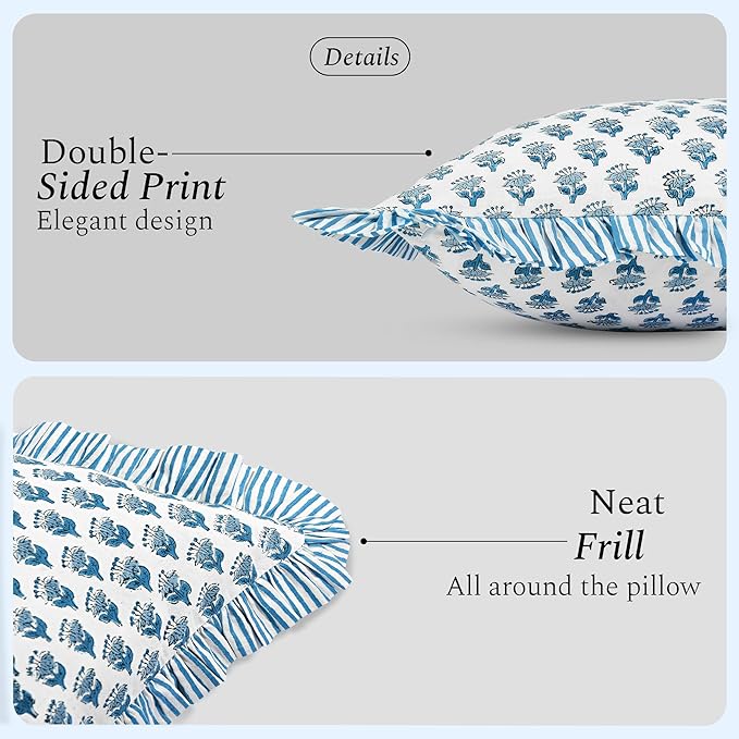 CPC Apatite Blue 100% Cotton Block Print Ruffle Sham Cover 20X30 inch Pack of 2, Handmade Boho Floral Pillowcase, Soft Decorative Lumar Cushion Cover for Bedroom Décor