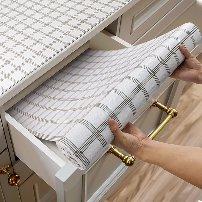 Shelf and Drawer Liner for Kitchen Cabinets Non-Adhesive, Strong Grip Non-Slip Thickened Cabinet Liners for Shelves, Waterproof Mats for Dresser Cupboard, White Square, 17 in x 10 Feet