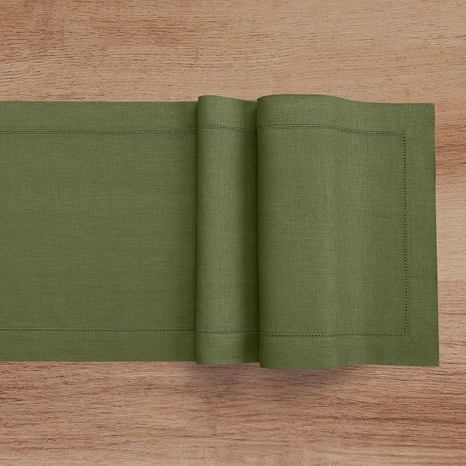 Solino Home Linen Table Runner 60 Inches - 100% Pure Linen Olive Hemstitch Table Runner 14 x 60 Inch Ideal for Dresser and Coffee Tables - Classic Hemstitch - Christmas, New Year