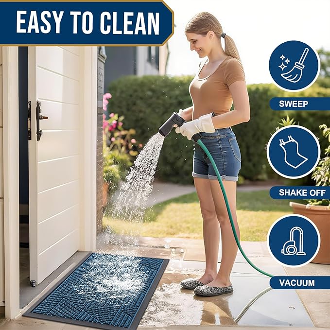 Smiry Front Door Mat Outside Entrance, Heavy Duty Sturdy Natural Rubber Doormat, Trap Dirt and Moisture, Easy Clean Low Profile Mats for Indoor Outdoor Entry, Irregular Triangle (36x24, Mixed Blue)