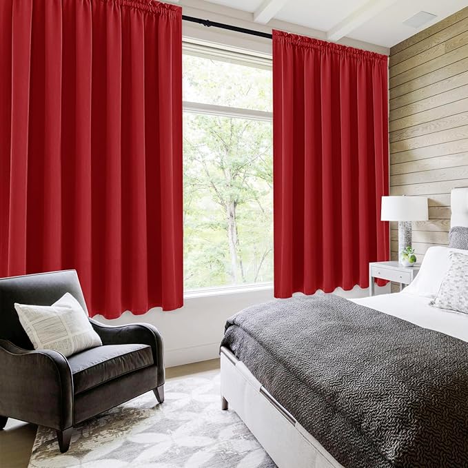 DWCN Blackout Curtains for Living Room Thermal Insulated, Energy Saving & Noise Reducing Bedroom Curtains, Red, W 70x L 63 Inch, Set of 2 Rod Pocket Curtain Panels